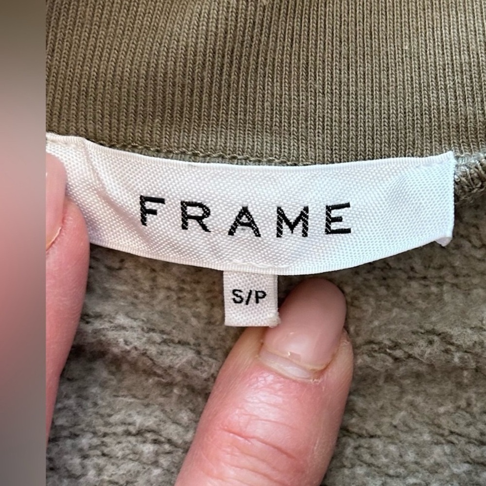 FRAME Sporty Half Zip Ruffle Shoulder Detail Sweatshirt Military Green S EUC - Picture 6 of 14